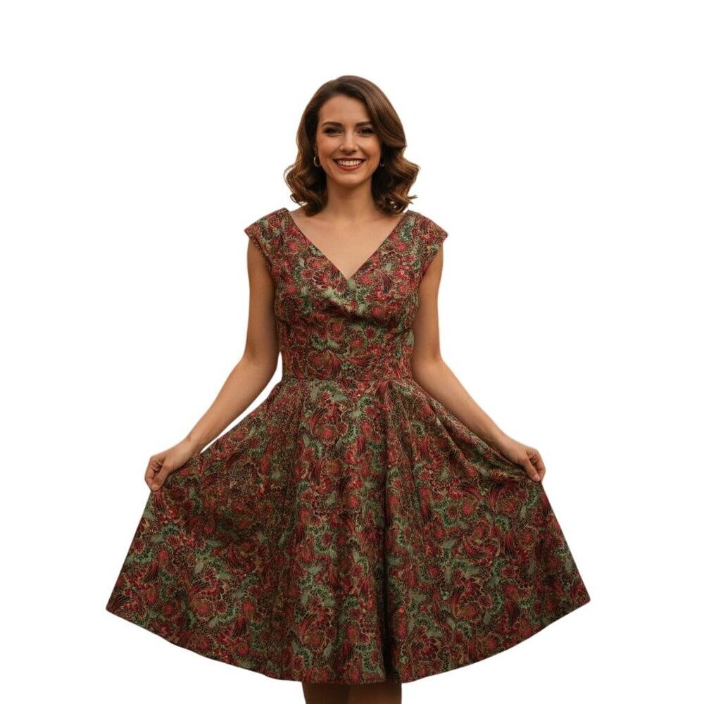 Retrolicious Holiday Pin Up Vintage Inspired Fit And Flare Red Green Gold Dress